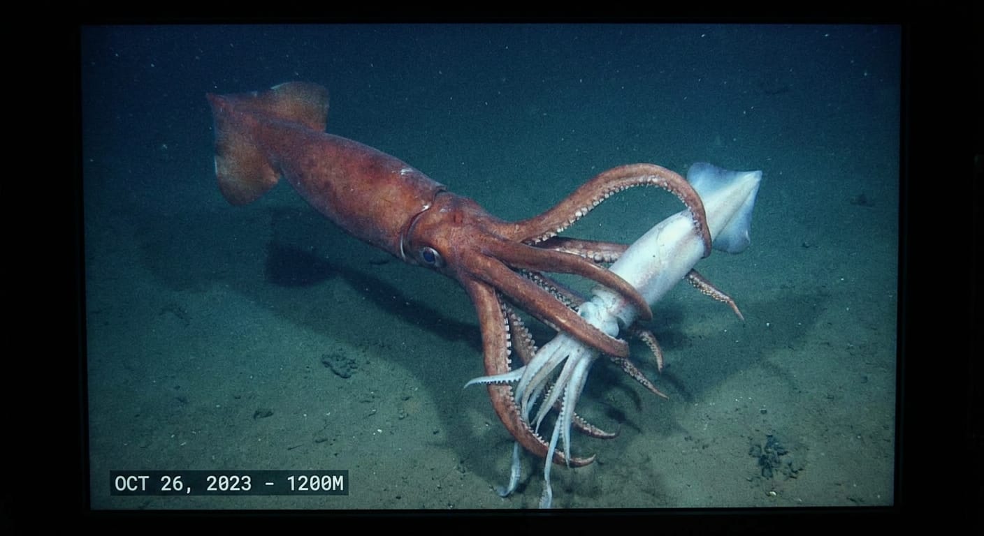 Giant Squid Filmed Attacking Another Squid in Deep Pacific
